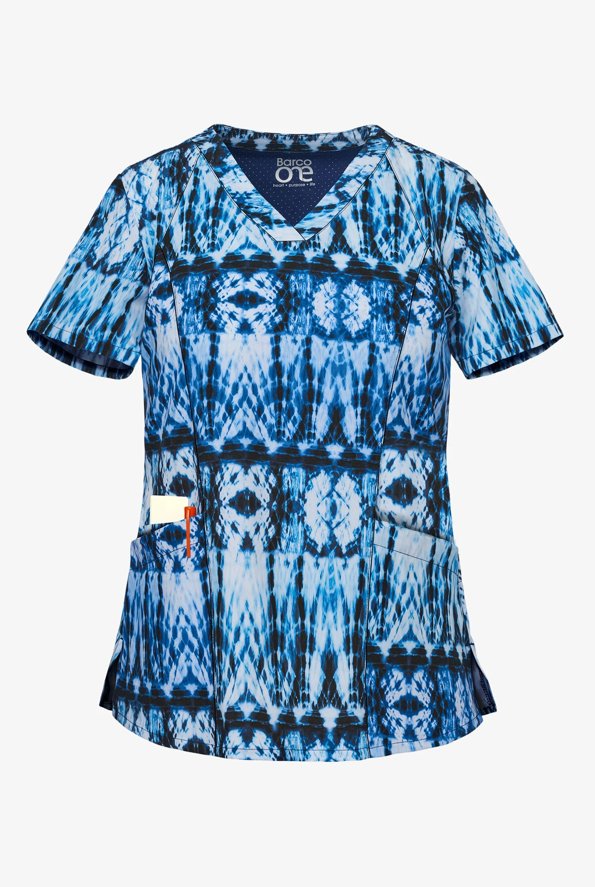 Barco One Natural Indigo Women's 3-Pocket V-Neck Print Scrub Top 1 Barco One Natural Indigo Women's 3-Pocket V-Neck Print Scrub Top