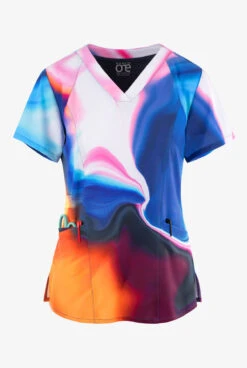 Barco One Shimmering Skies Marble Women's 4-Pocket STRETCH V-Neck Print Scrub Top