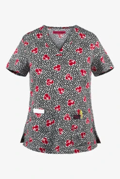 Betsey Johnson Bell EKG Hearts Women's 2-Pocket V-Neck Print Scrub Top