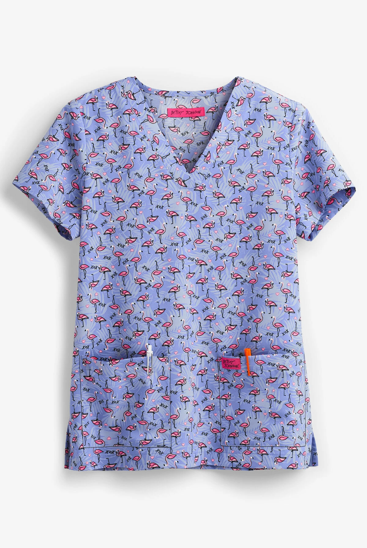 Betsey Johnson Tropical Flamingo Bell Women's 2-Pocket V-Neck Print Scrub Top 1 Betsey Johnson Tropical Flamingo Bell Women's 2-Pocket V-Neck Print Scrub Top
