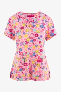 Betsey Johnson Betsy Johnson A Smile A Day Floral Women's 2-Pocket STRETCH V-Neck Print Scrub Top
