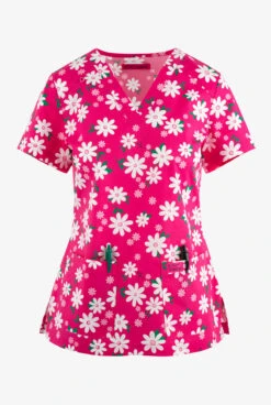 Betsey Johnson Betsy Johnson Happy Daisy Floral Women's 2-Pocket STRETCH V-Neck Print Scrub Top