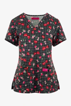 Betsey Johnson Mon Cheri Hearts Women's 2-Pocket STRETCH V-Neck Print Scrub Top