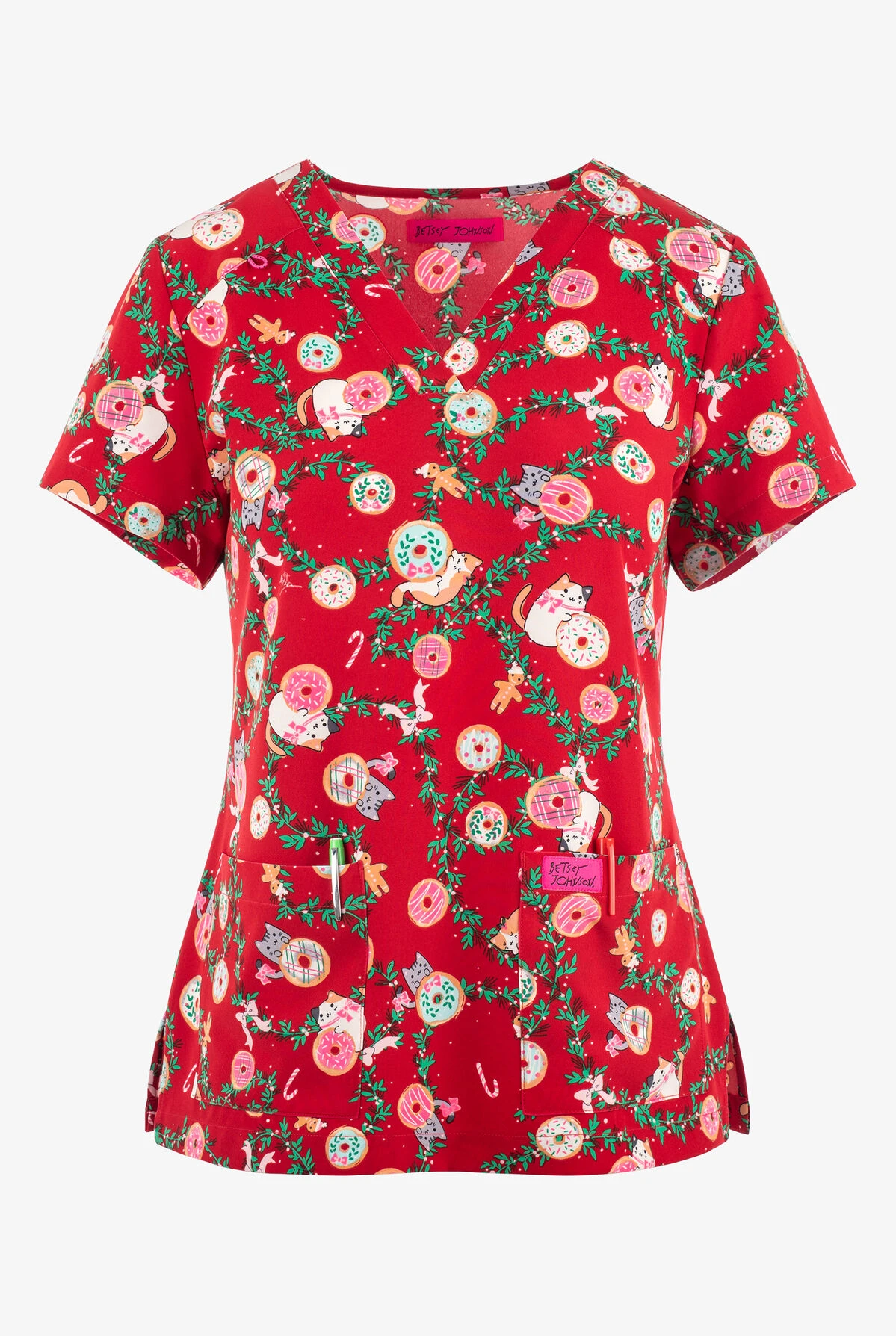 Betsey Johnson Merry Donuts Christmas Women's 2-Pocket STRETCH V-Neck Print Scrub Top 1 Betsey Johnson Merry Donuts Christmas Women's 2-Pocket STRETCH V-Neck Print Scrub Top