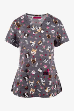 Betsey Johnson Puppy Love Women's 2-Pocket STRETCH V-Neck Print Scrub Top