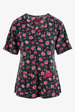 Betsey Johnson Cozy Roses Plaid Women's 2-Pocket STRETCH Y-Neck Print Scrub Top