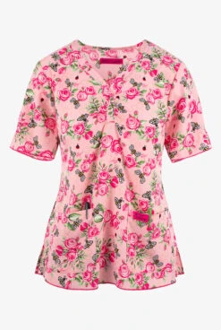 Betsey Johnson Sweet And Bumble Floral Women's 2-Pocket STRETCH V-Neck Print Scrub Top