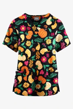 Butter-Soft Originals Fall Harvest Black Printed Women's 2-Pocket Classic Fit V-Neck Scrub Top