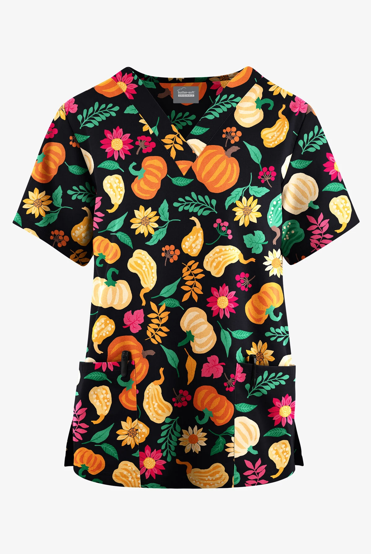 Butter-Soft Originals Fall Harvest Black Printed Women's 2-Pocket Classic Fit V-Neck Scrub Top 1 Butter-Soft Originals Fall Harvest Black Printed Women's 2-Pocket Classic Fit V-Neck Scrub Top