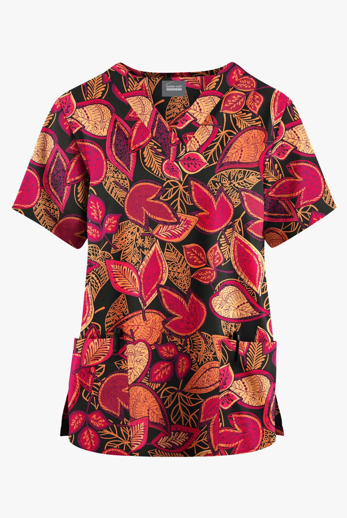 Butter-Soft Originals Filigree Leaves Black Printed Women's 2-Pocket Classic Fit V-Neck Scrub Top 1 Butter-Soft Originals Filigree Leaves Black Printed Women's 2-Pocket Classic Fit V-Neck Scrub Top