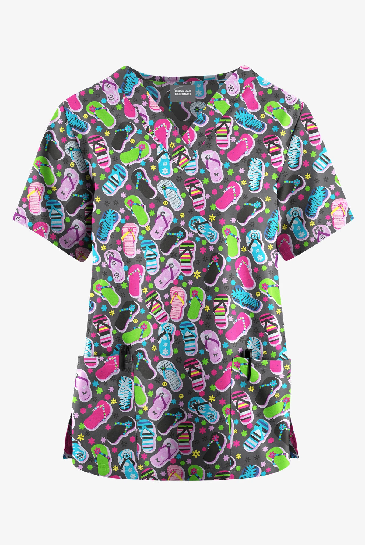 Butter-Soft Originals Flip Flop Fun Pewter Women's 2-Pocket Classic Fit V-Neck Printed Scrub Top 1 Butter-Soft Originals Flip Flop Fun Pewter Women's 2-Pocket Classic Fit V-Neck Printed Scrub Top