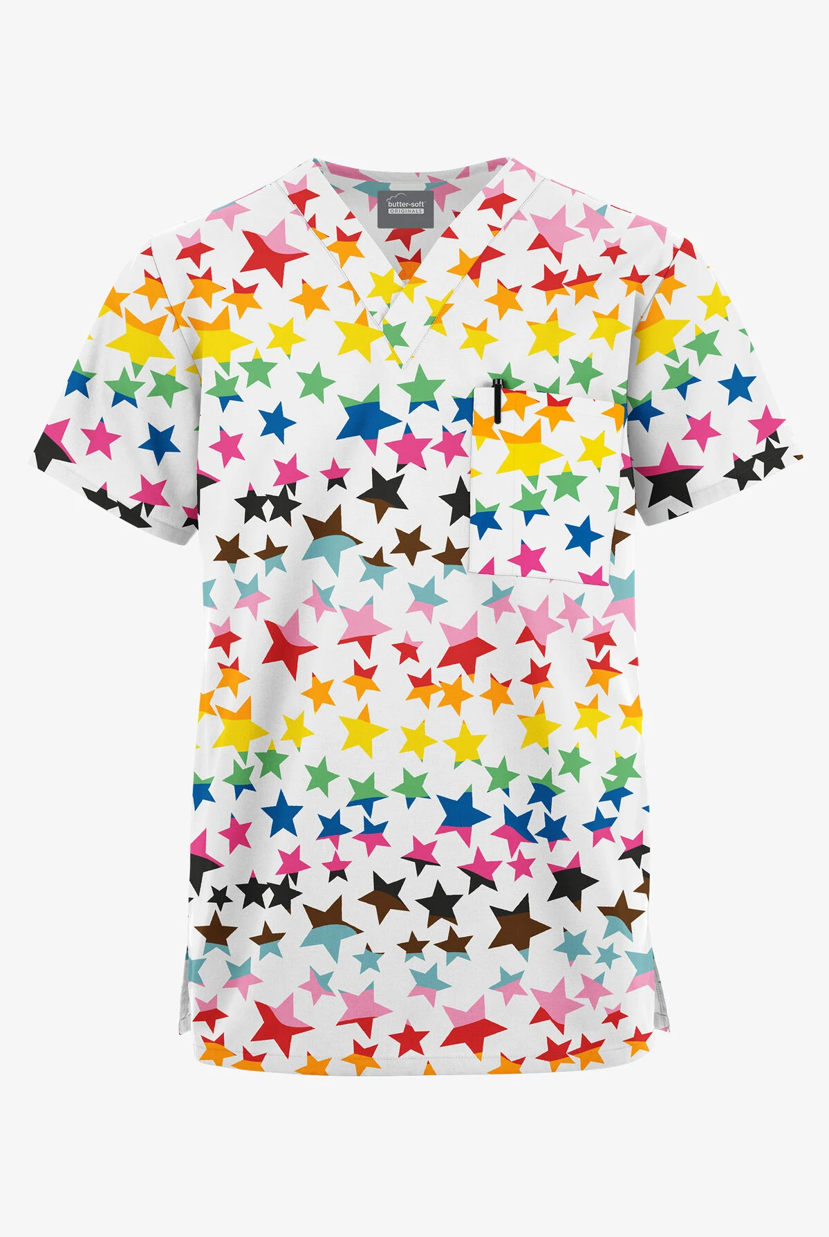 Butter-Soft Originals Happy Stars Unisex 2-Pocket V-Neck Printed Scrub Top 1 Butter-Soft Originals Happy Stars Unisex 2-Pocket V-Neck Printed Scrub Top