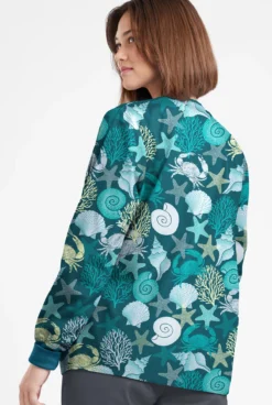 Butter-Soft Originals Beach Day Caribbean Blue Women's 3-Pocket Warm-Up Printed Scrub Jacket -Clinic Love Style BSN1182BDCB 092623 3
