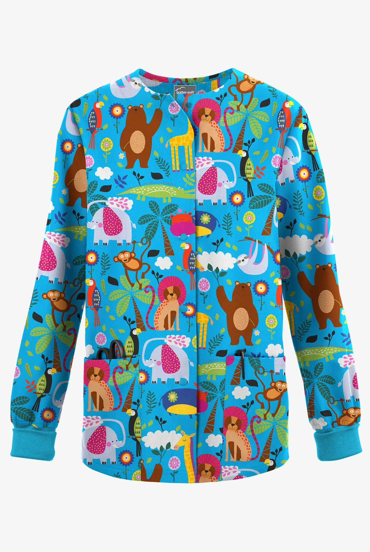 Butter-Soft Originals Jungle Party Turquoise Women's 3-Pocket Warm-Up Printed Scrub Jacket 1 Butter-Soft Originals Jungle Party Turquoise Women's 3-Pocket Warm-Up Printed Scrub Jacket