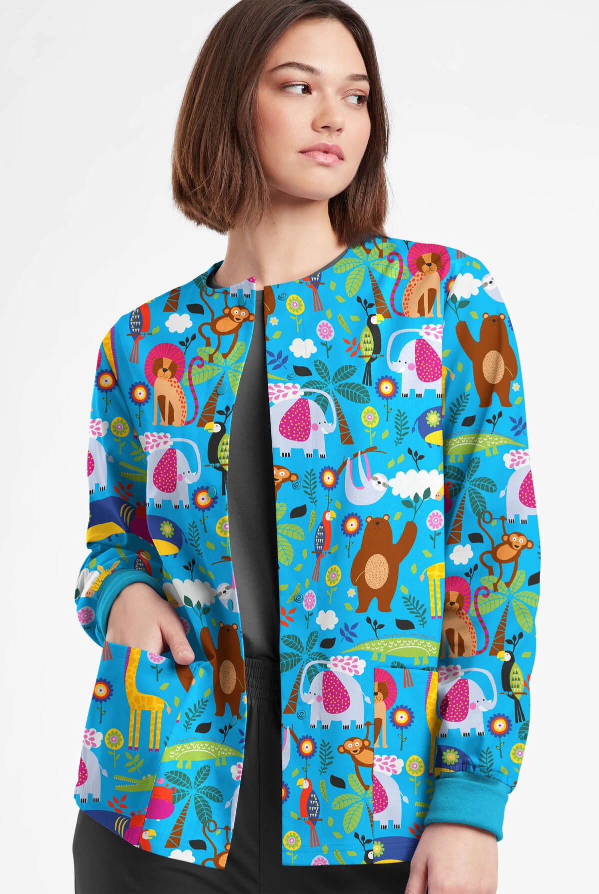 Butter-Soft Originals Jungle Party Turquoise Women's 3-Pocket Warm-Up Printed Scrub Jacket 2 Butter-Soft Originals Jungle Party Turquoise Women's 3-Pocket Warm-Up Printed Scrub Jacket - Image 2