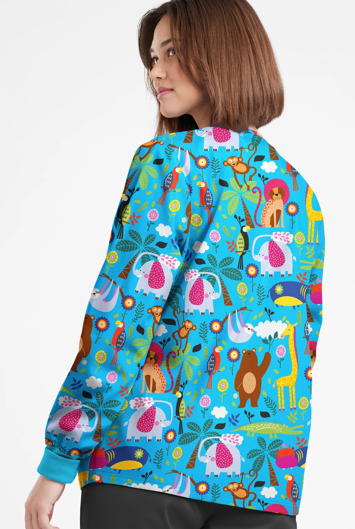 Butter-Soft Originals Jungle Party Turquoise Women's 3-Pocket Warm-Up Printed Scrub Jacket 3 Butter-Soft Originals Jungle Party Turquoise Women's 3-Pocket Warm-Up Printed Scrub Jacket - Image 3