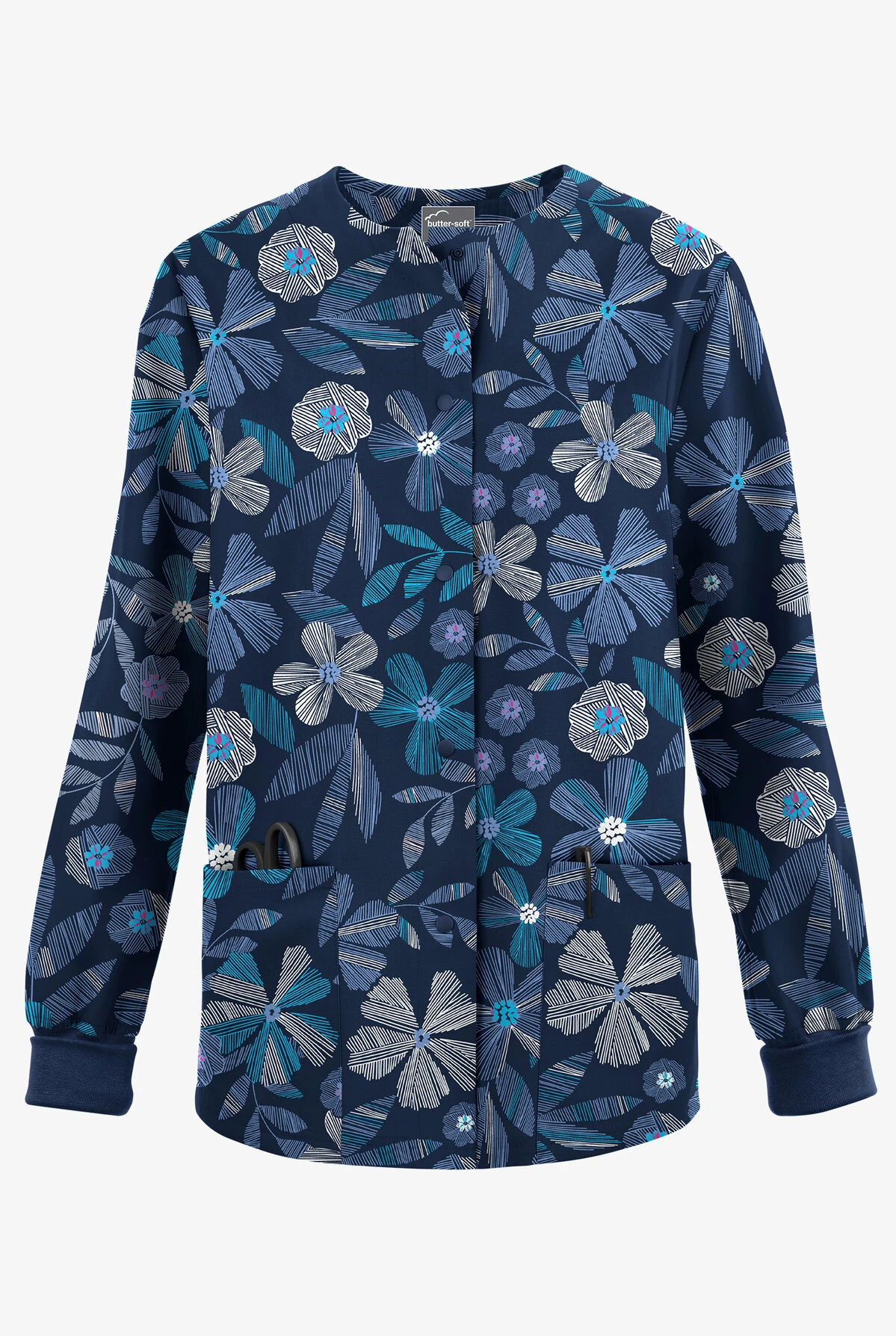 Butter-Soft Originals Linear Floral Ceil Women's 3-Pocket Warm-Up Printed Scrub Jacket 1 Butter-Soft Originals Linear Floral Ceil Women's 3-Pocket Warm-Up Printed Scrub Jacket