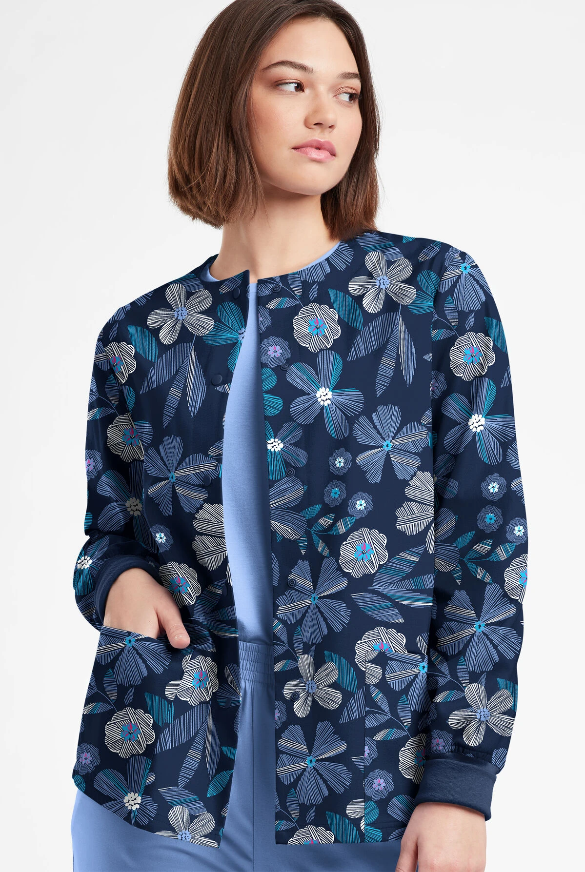 Butter-Soft Originals Linear Floral Ceil Women's 3-Pocket Warm-Up Printed Scrub Jacket 2 Butter-Soft Originals Linear Floral Ceil Women's 3-Pocket Warm-Up Printed Scrub Jacket - Image 2