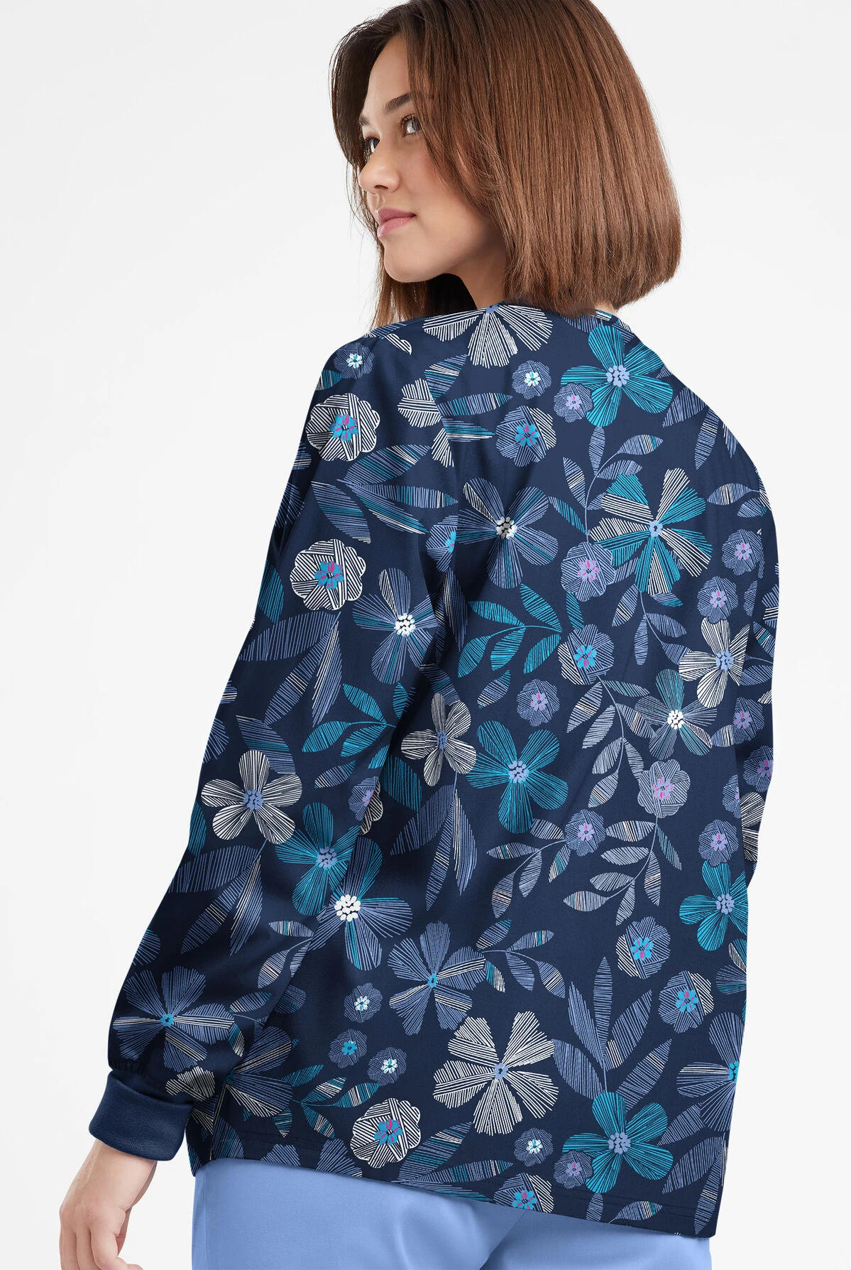 Butter-Soft Originals Linear Floral Ceil Women's 3-Pocket Warm-Up Printed Scrub Jacket 3 Butter-Soft Originals Linear Floral Ceil Women's 3-Pocket Warm-Up Printed Scrub Jacket - Image 3