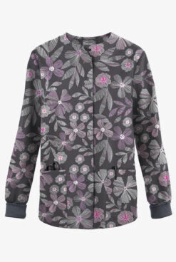 Butter-Soft Originals Linear Floral Pewter Women's 3-Pocket Warm-Up Printed Scrub Jacket