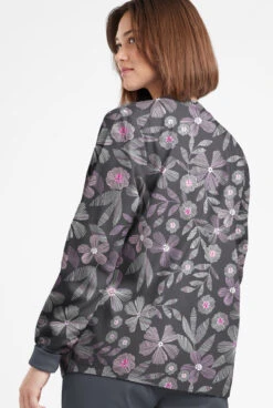 Butter-Soft Originals Linear Floral Pewter Women's 3-Pocket Warm-Up Printed Scrub Jacket -Clinic Love Style BSN1182LFPW 092623 3