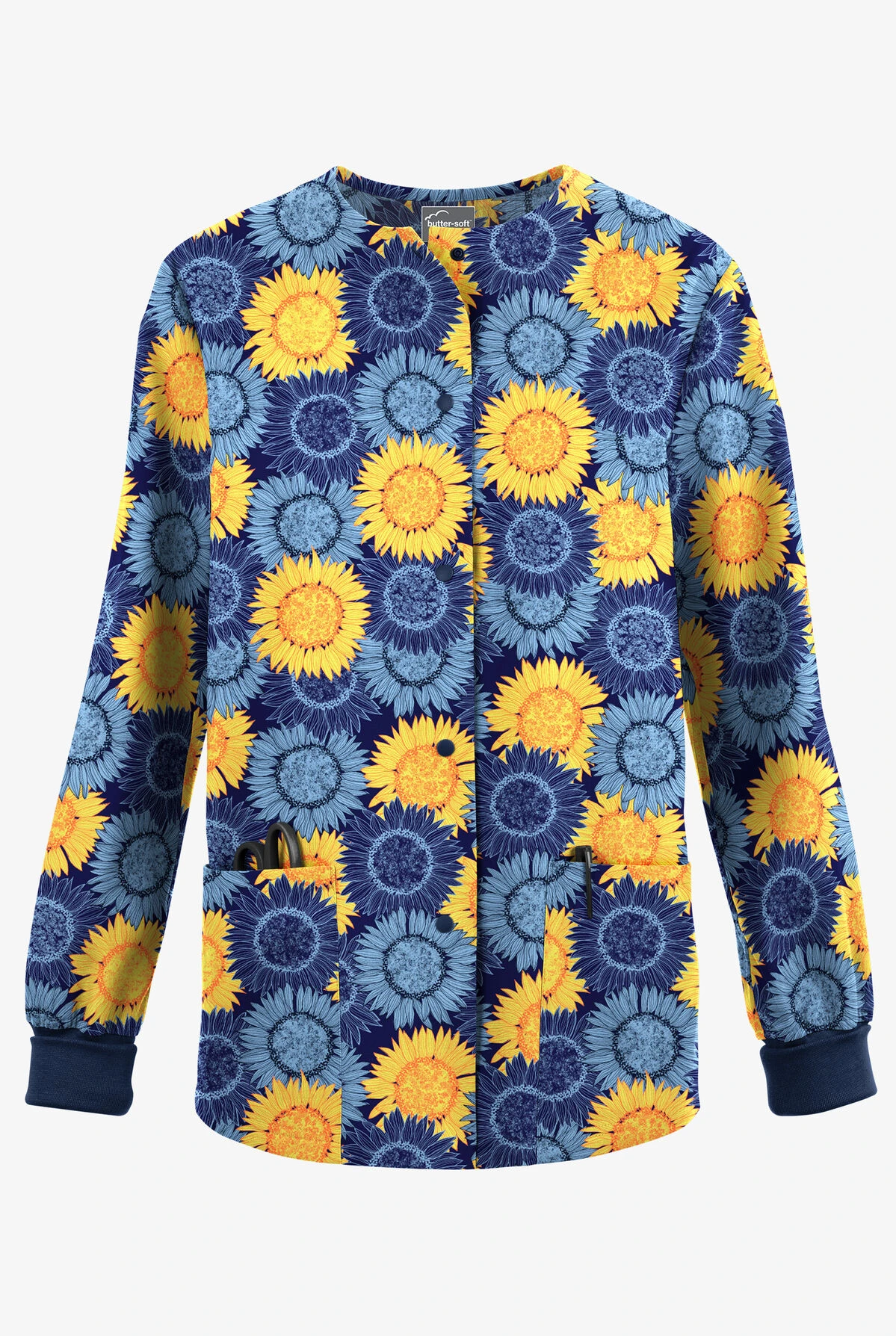 Butter-Soft Originals Sunflower Field Navy Women's 3-Pocket Warm-Up Printed Scrub Jacket 1 Butter-Soft Originals Sunflower Field Navy Women's 3-Pocket Warm-Up Printed Scrub Jacket