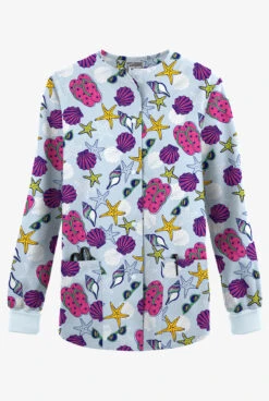 Butter-Soft Originals Walk On The Beach Morning Dew Women's 3-Pocket Warm-Up Printed Scrub Jacket