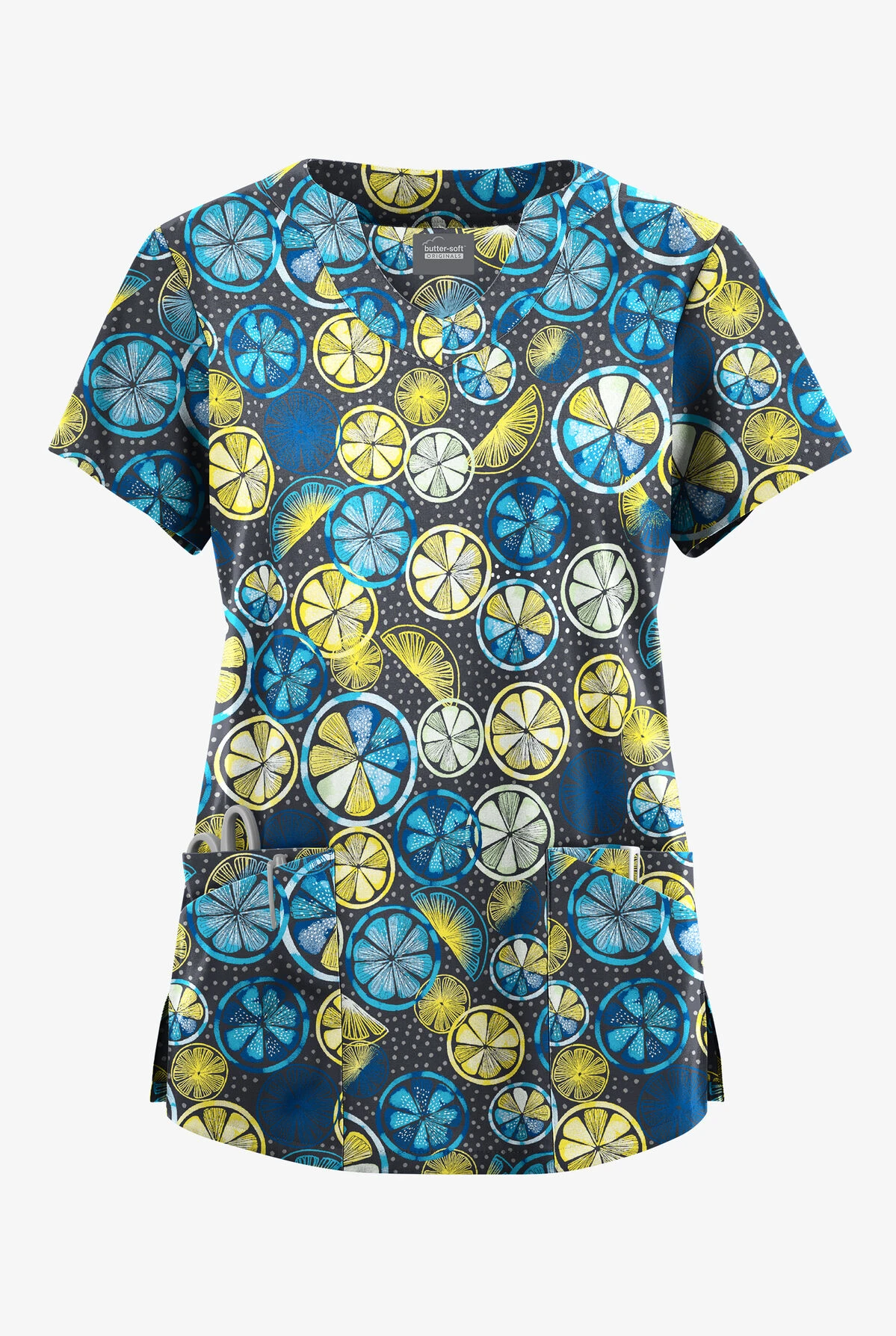 Butter-Soft Originals Citrus Slice Pewter Women's 6-Pocket Scallop Neck Printed Scrub Top 1 Butter-Soft Originals Citrus Slice Pewter Women's 6-Pocket Scallop Neck Printed Scrub Top