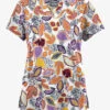 Butter-Soft Originals Filigree Leaves White Printed Women's 6-Pocket Scallop Neck Scrub Top