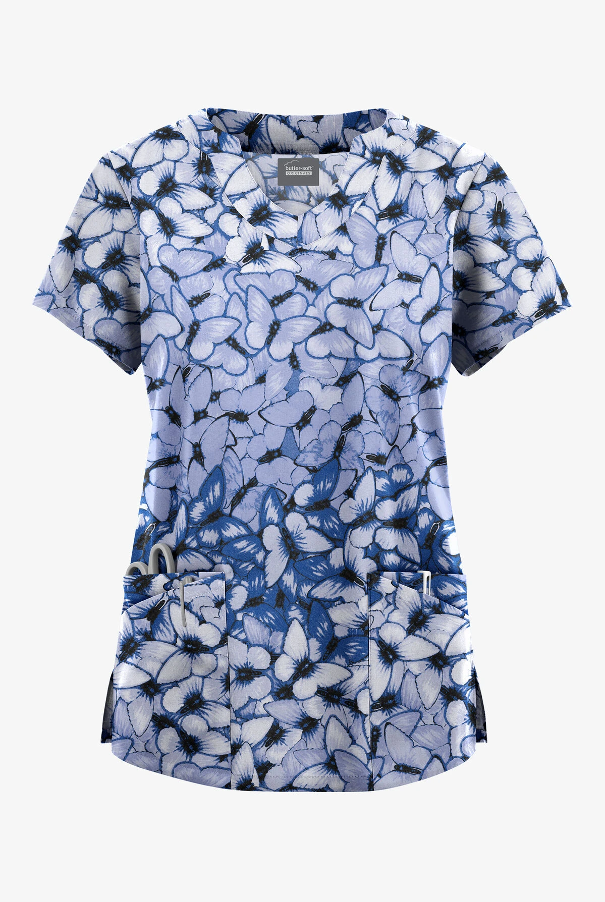 Butter-Soft Originals Garden Butterflies Ceil Women's 6-Pocket Scallop Neck Printed Scrub Top 1 Butter-Soft Originals Garden Butterflies Ceil Women's 6-Pocket Scallop Neck Printed Scrub Top