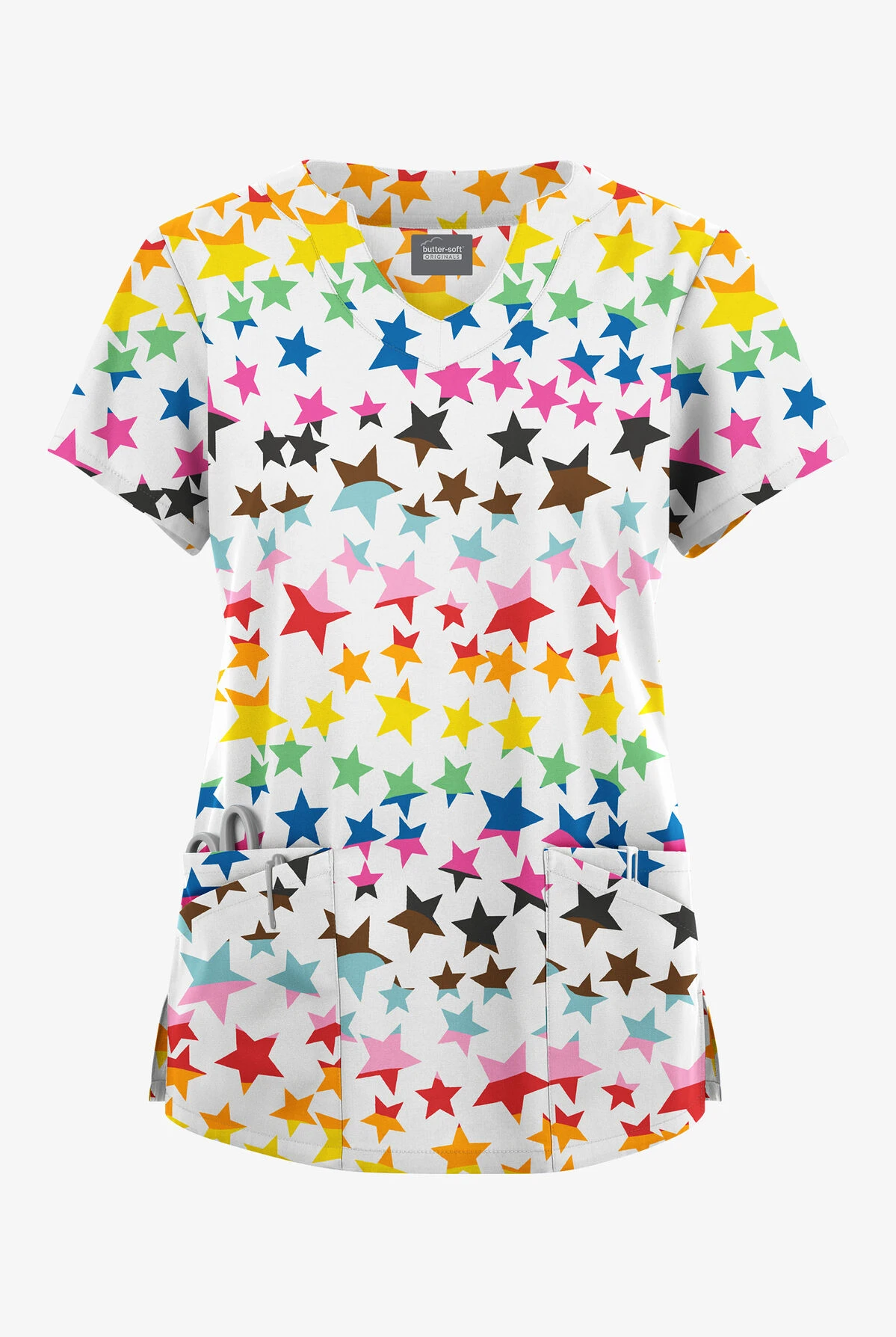 Butter-Soft Originals Happy Stars Women's 6-Pocket Scallop Neck Printed Scrub Top 1 Butter-Soft Originals Happy Stars Women's 6-Pocket Scallop Neck Printed Scrub Top