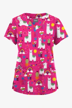 Butter-Soft Originals Llama Love Fuchsia Women's 6-Pocket Scallop Neck Printed Scrub Top