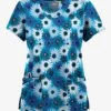 Butter-Soft Originals Pop Of Daisies Turquoise Women's 6-Pocket Scallop Neck Printed Scrub Top