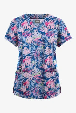 Butter-Soft Originals Tropical Garden Royal Women's 6-Pocket Scallop Neck Printed Scrub TopĀ