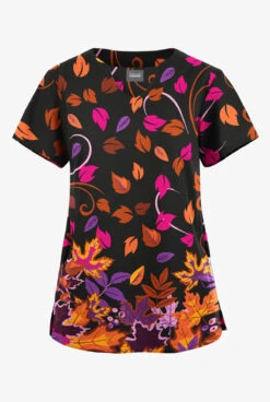 Butter-Soft Originals Autumn Walk Black Printed Women's 2-Pocket Scallop Neck Scrub Top