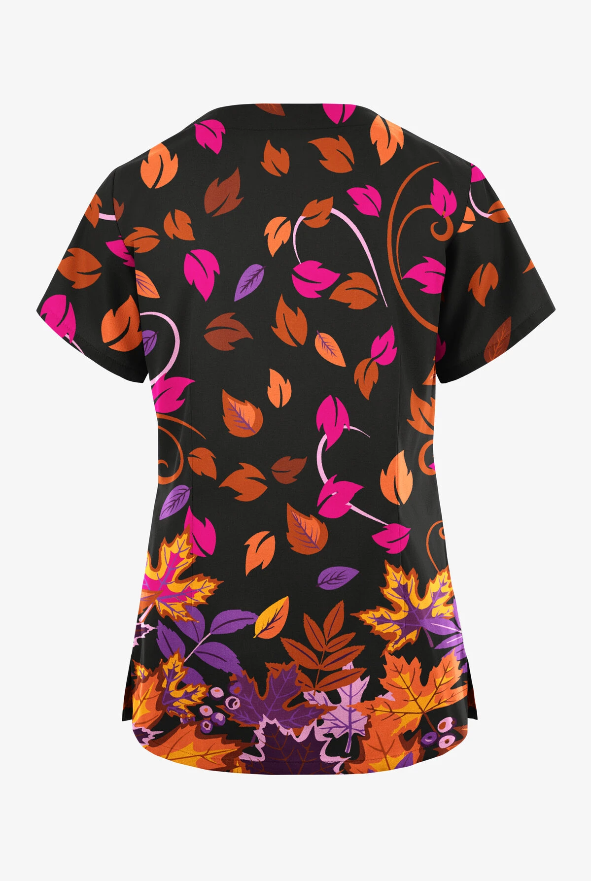 Butter-Soft Originals Autumn Walk Black Printed Women's 2-Pocket Scallop Neck Scrub Top 2 Butter-Soft Originals Autumn Walk Black Printed Women's 2-Pocket Scallop Neck Scrub Top - Image 2