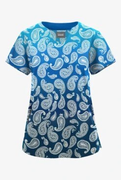 Butter-Soft Originals Paisley Gradient Turquoise Women's 2-Pocket Scallop Neck Printed Scrub TopĀ