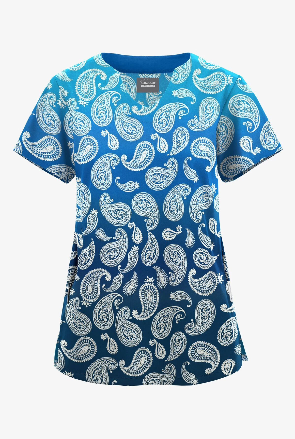 Butter-Soft Originals Paisley Gradient Turquoise Women's 2-Pocket Scallop Neck Printed Scrub Top 1 Butter-Soft Originals Paisley Gradient Turquoise Women's 2-Pocket Scallop Neck Printed Scrub Top