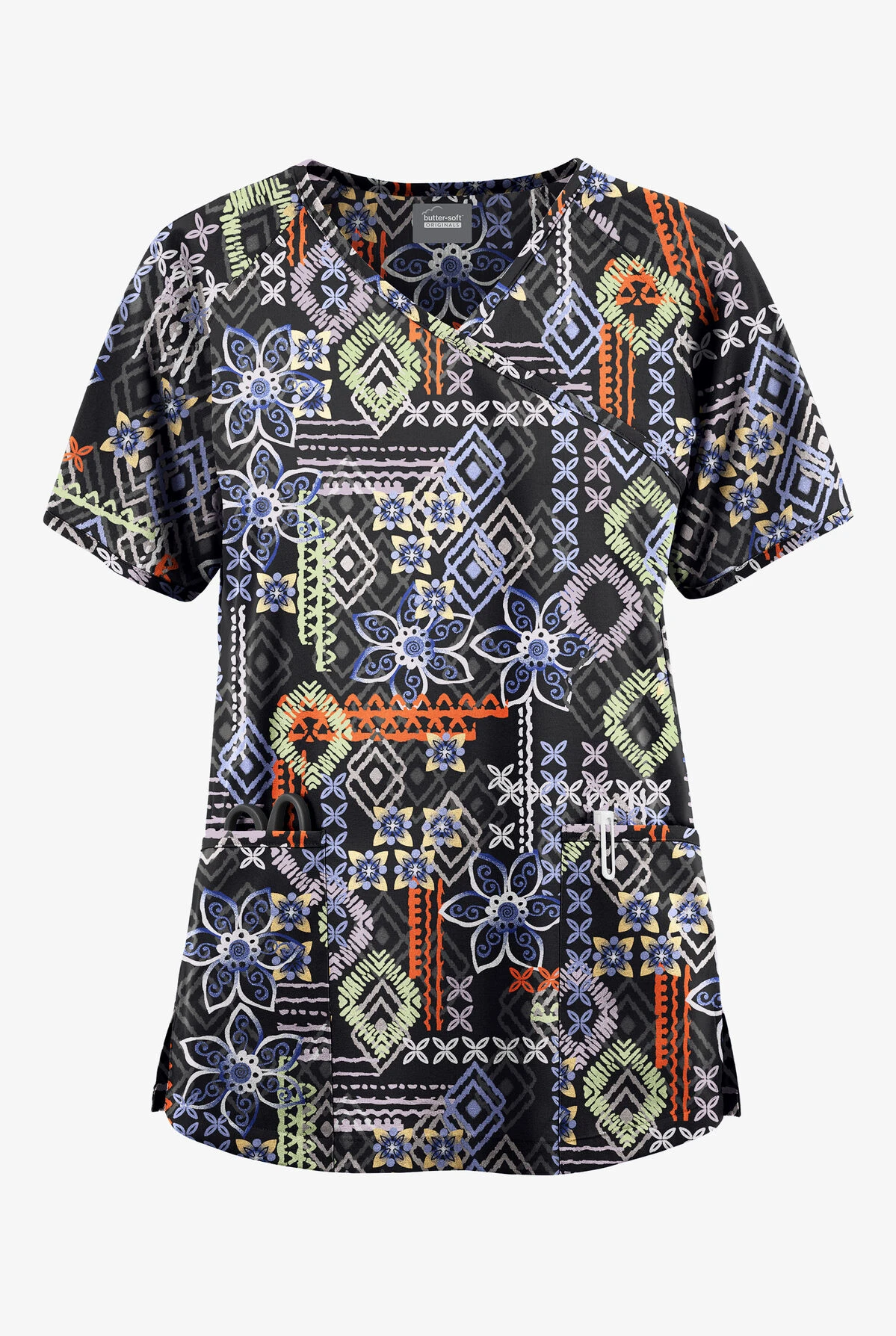Butter-Soft Originals Floral Batik Women's 3-Pocket Mock Wrap Raglan Sleeve Printed Scrub Top 1 Butter-Soft Originals Floral Batik Women's 3-Pocket Mock Wrap Raglan Sleeve Printed Scrub Top
