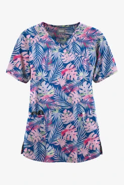 Butter-Soft Originals Tropical Garden Women's 3-Pocket Mock Wrap Raglan Sleeve Printed Scrub TopĀ