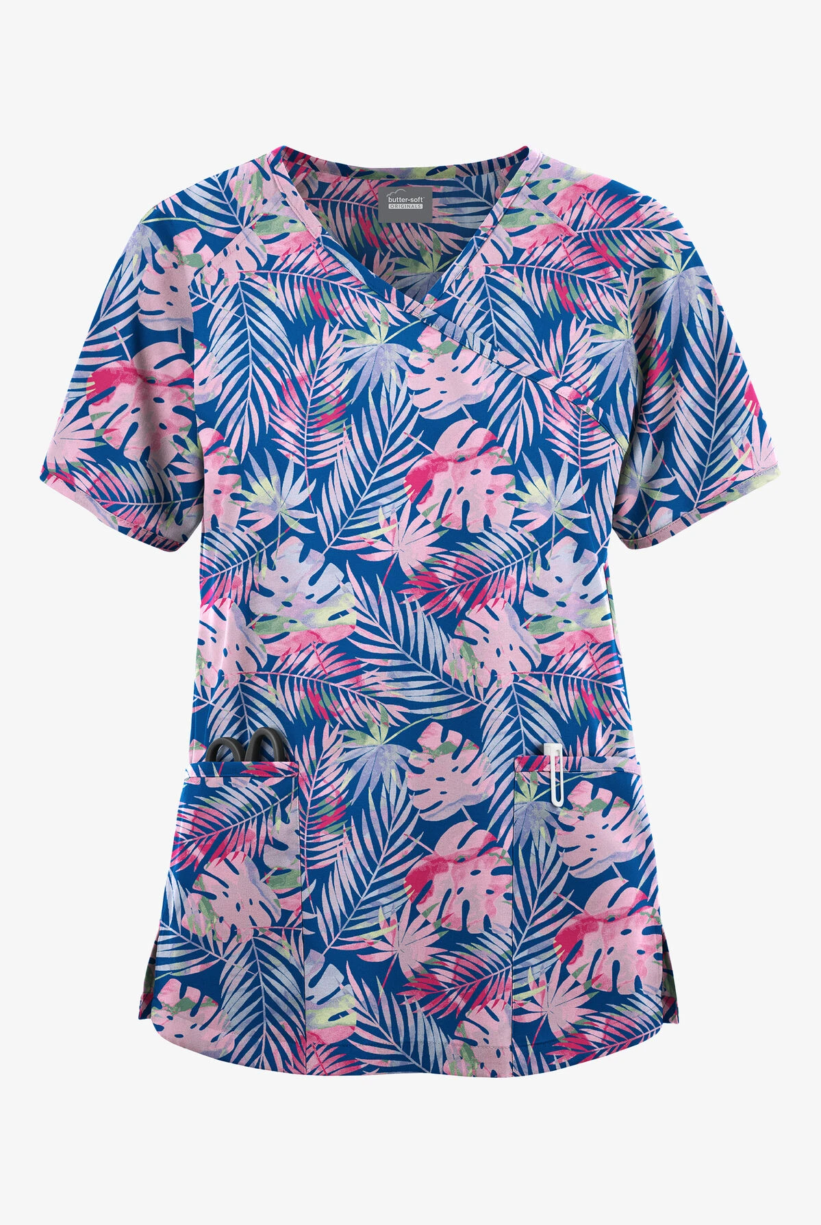 Butter-Soft Originals Tropical Garden Women's 3-Pocket Mock Wrap Raglan Sleeve Printed Scrub Top 1 Butter-Soft Originals Tropical Garden Women's 3-Pocket Mock Wrap Raglan Sleeve Printed Scrub Top