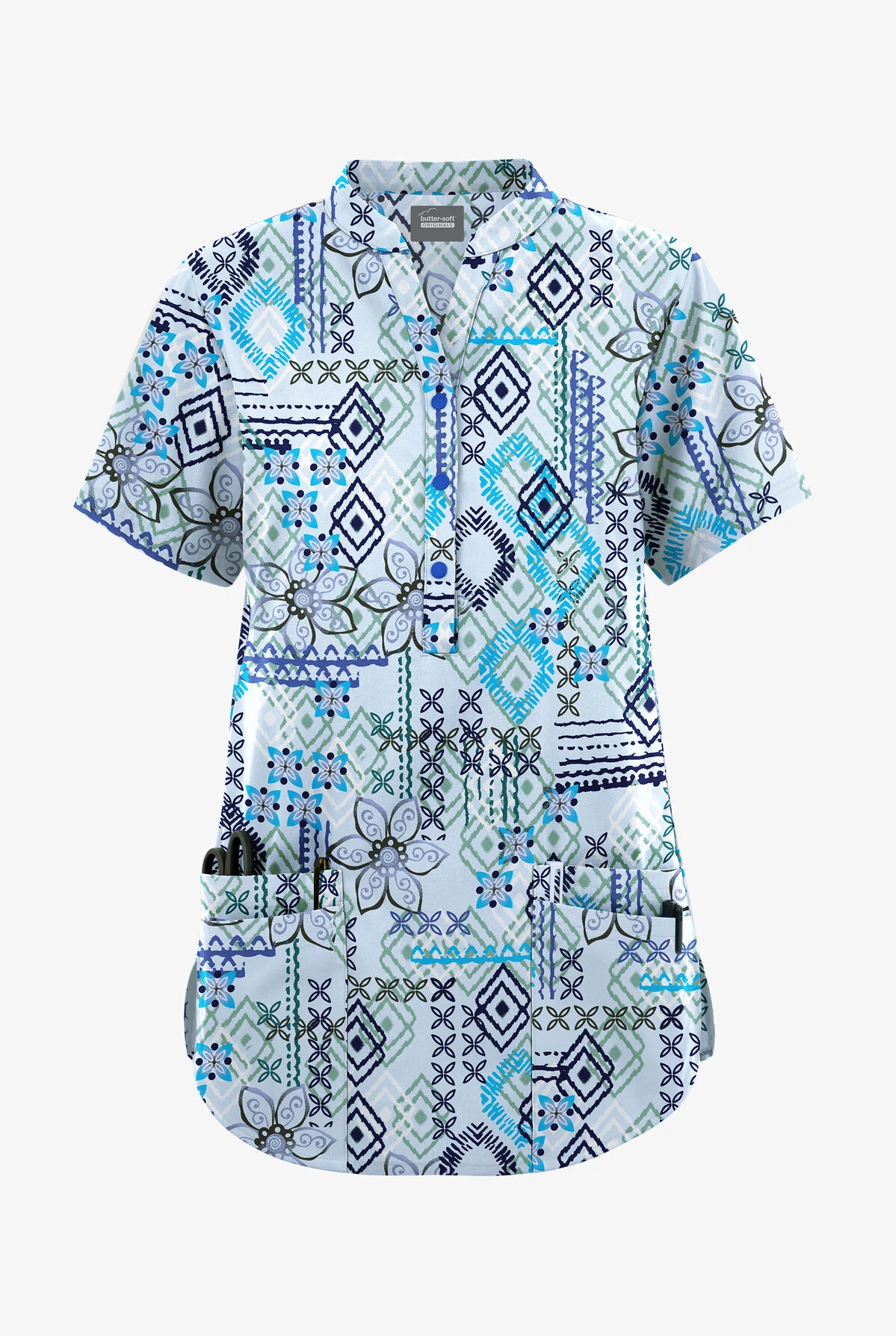 Butter-Soft Originals Floral Batik Morning Dew Women's 6-Pocket Mandarin Collar Printed Scrub Top 1 Butter-Soft Originals Floral Batik Morning Dew Women's 6-Pocket Mandarin Collar Printed Scrub Top