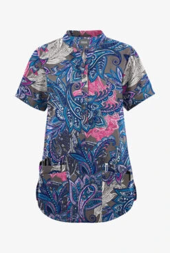 Butter-Soft Originals Layered Paisley Grey Stone Women's 6-Pocket Mandarin Collar Printed Scrub Top 