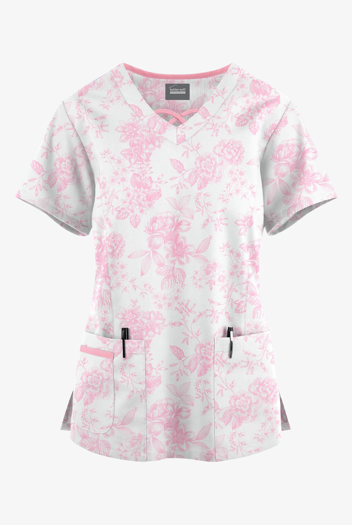 Butter-Soft Originals Etched Roses Blush Women's 3-Pocket Criss Cross Printed Scrub Top 1 Butter-Soft Originals Etched Roses Blush Women's 3-Pocket Criss Cross Printed Scrub Top