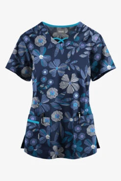 Butter-Soft Originals Linear Floral Ceil Women's 3-Pocket Criss Cross Printed Scrub Top