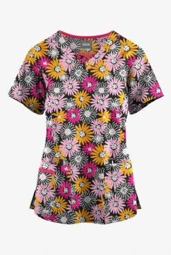 Butter-Soft Originals Pop Of Daisies Women's 3-Pocket Criss Cross Printed Scrub Top