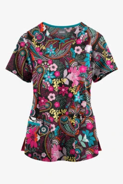 Butter-Soft Originals Royal Paisley Fuchsia Women's 3-Pocket Criss Cross Printed Scrub Top