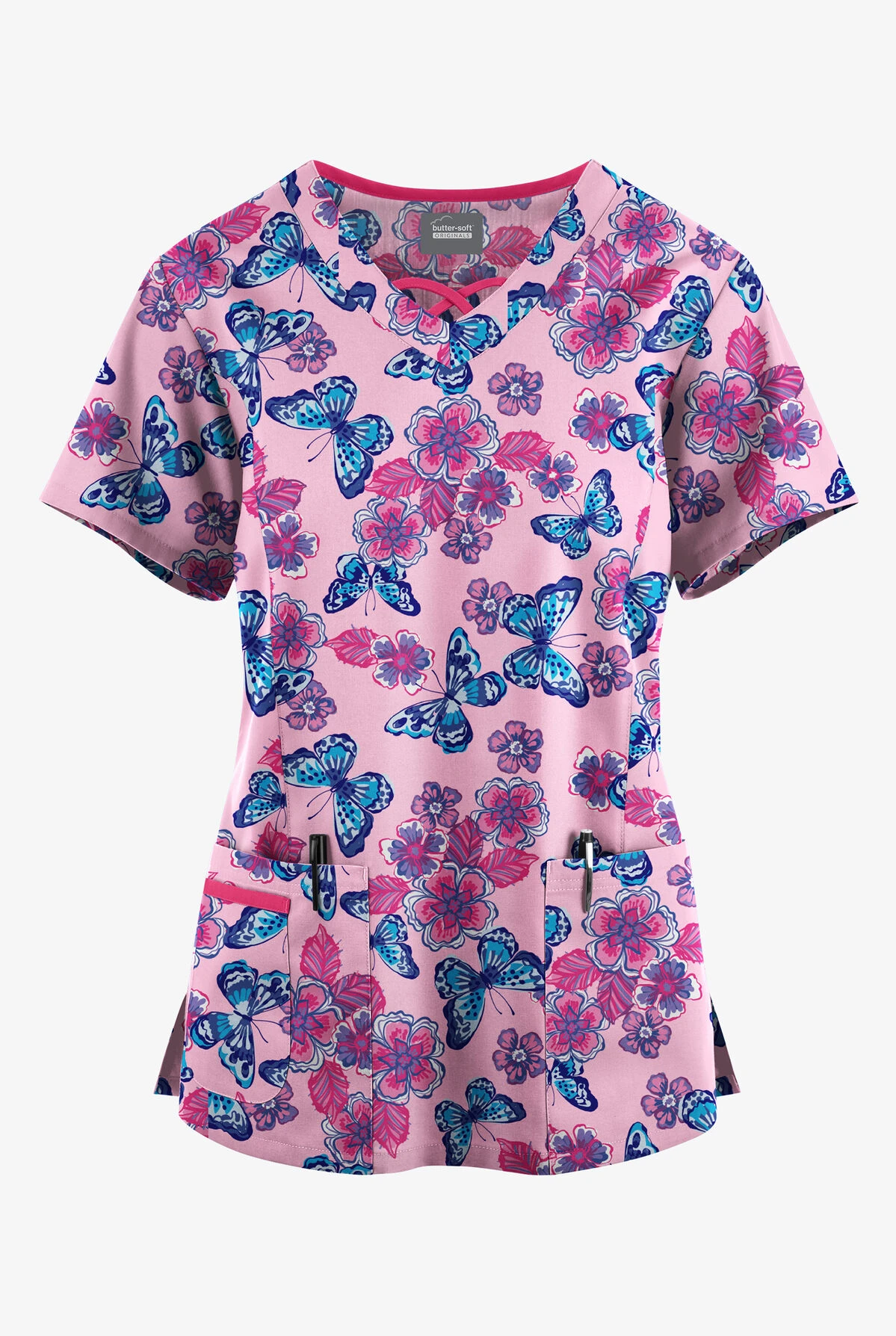 Butter-Soft Originals Spring Day Blush Women's 3-Pocket Criss Cross Printed Scrub Top 1 Butter-Soft Originals Spring Day Blush Women's 3-Pocket Criss Cross Printed Scrub Top