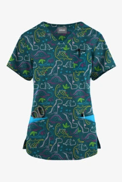 Butter-Soft Originals Dino Park Caribbean Blue Women's 7-Pocket Curved V-Neck Printed Scrub Top