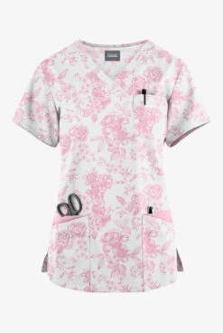 Butter-Soft Originals Etched Roses Blush Women's 7-Pocket Curved V-Neck Printed Scrub Top